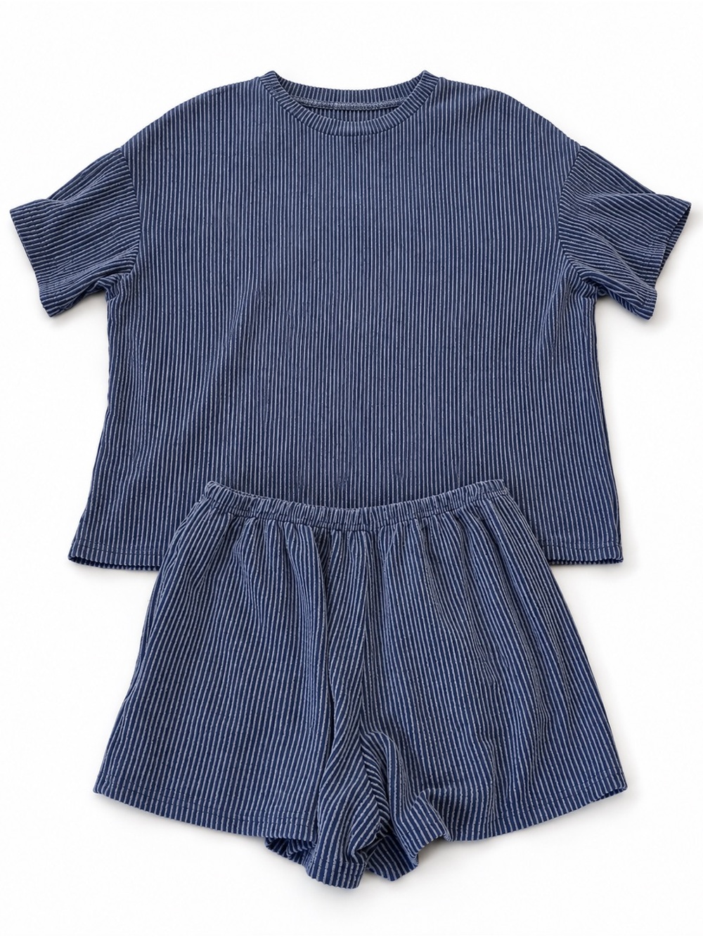 Blue Ribbed Short Sleeve Lounge Set